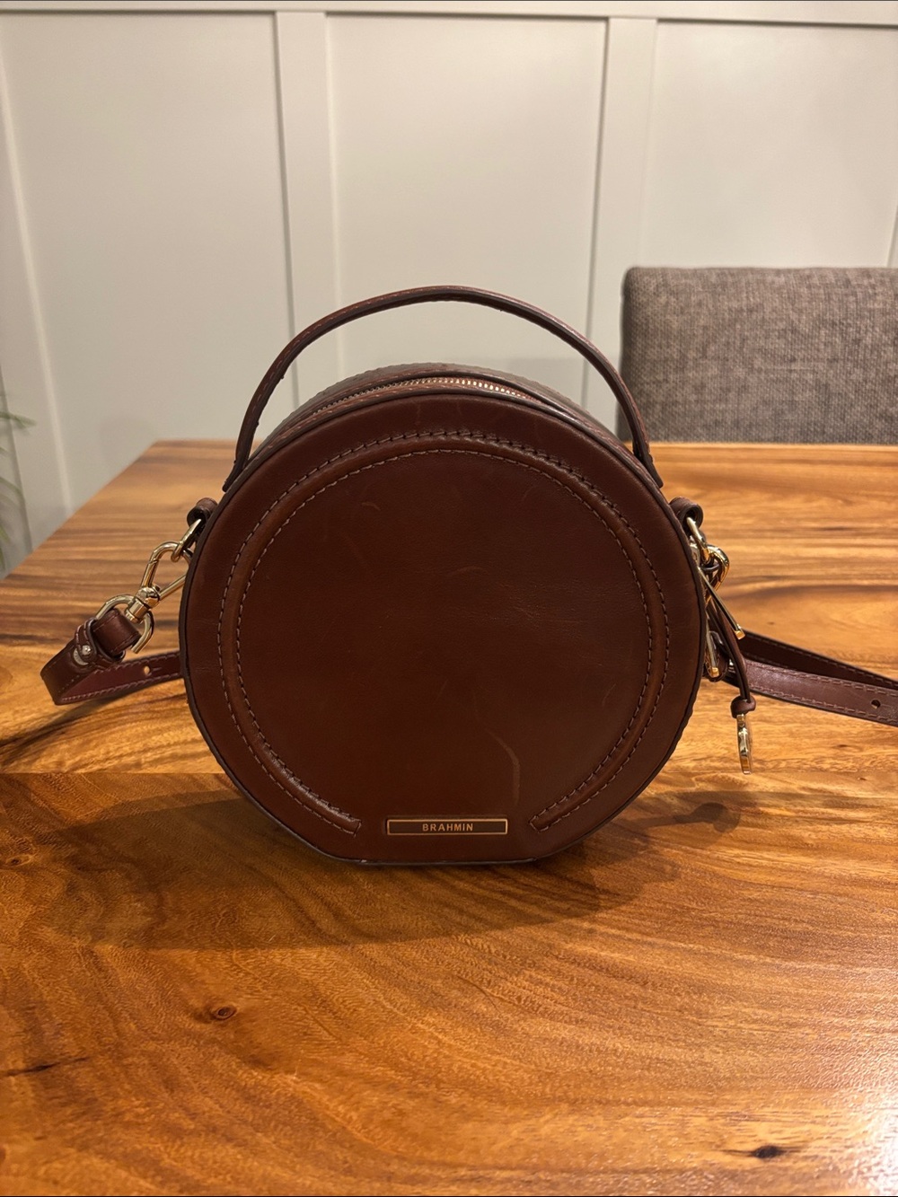 Brahmin Dark Brown Leather Round Crossbody Satchel with dust bag